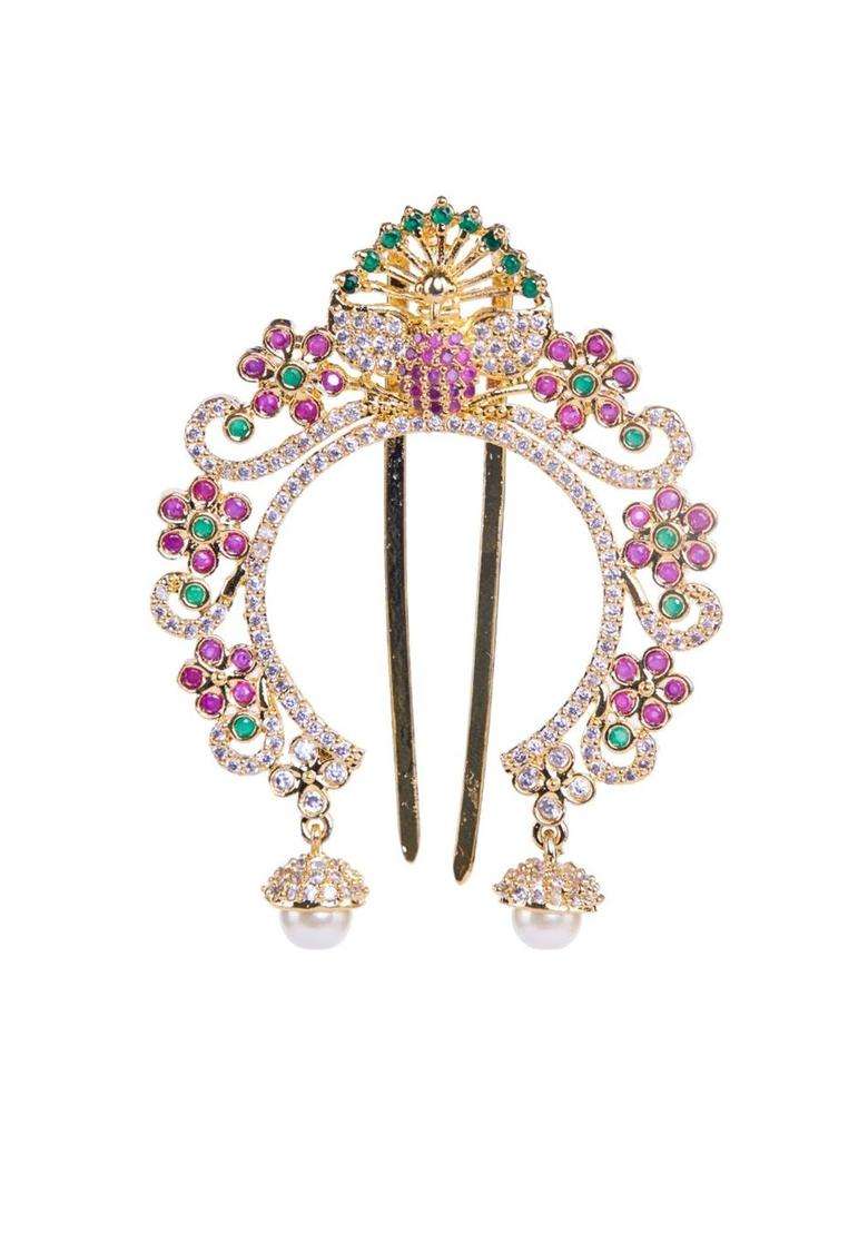 Gold-Plated American Diamond Studded Bun Pin Head Jewellery for Women | Traditional Temple Jewellery for Wedding & Festive Wear | Gift for Her - Indya