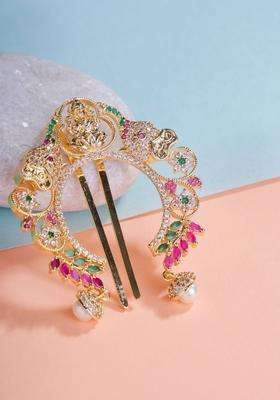 Gold-Plated American Diamond Studded Bun Pin Head Jewellery for Women | Traditional Temple Jewellery for Wedding & Festive Wear | Gift for Her