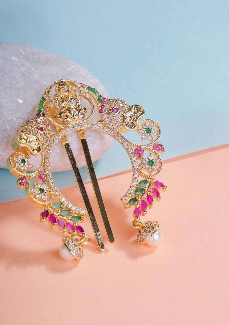 Gold-Plated American Diamond Studded Bun Pin Head Jewellery for Women | Traditional Temple Jewellery for Wedding & Festive Wear | Gift for Her - Indya