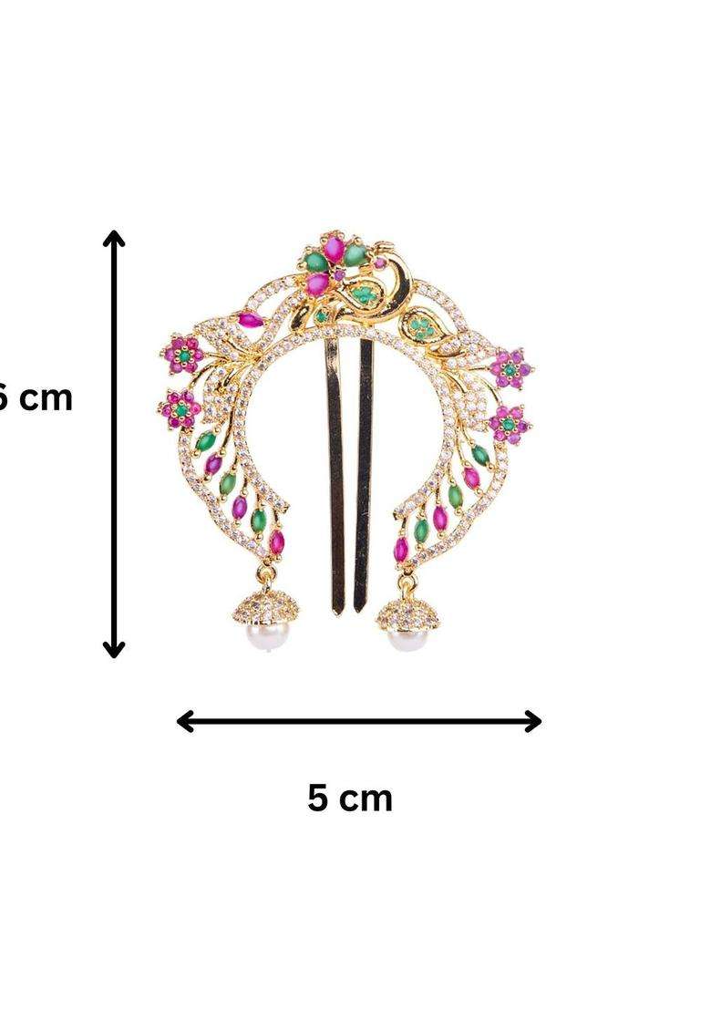 Gold-Plated American Diamond Studded Bun Pin Head Jewellery for Women | Traditional Temple Jewellery for Wedding & Festive Wear | Gift for Her - Indya