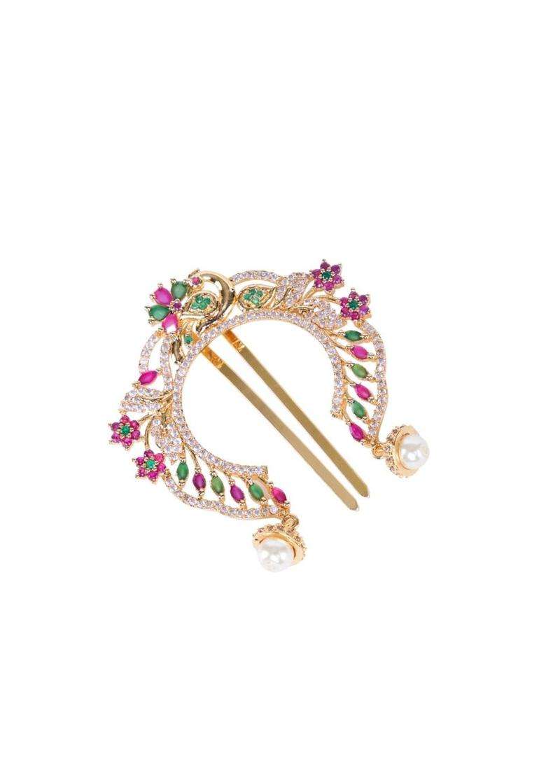 Gold-Plated American Diamond Studded Bun Pin Head Jewellery for Women | Traditional Temple Jewellery for Wedding & Festive Wear | Gift for Her - Indya