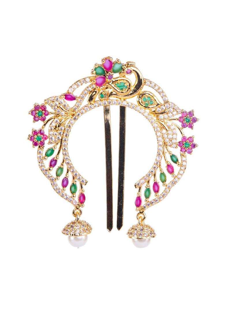 Gold-Plated American Diamond Studded Bun Pin Head Jewellery for Women | Traditional Temple Jewellery for Wedding & Festive Wear | Gift for Her - Indya