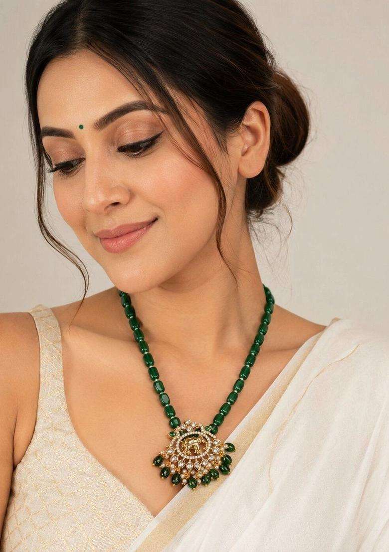 Gold-Plated Temple Cubic Zirconia Necklace and Earrings for Women | Traditional Temple Jewellery for Wedding & Festive Wear | Gift for Her - Indya