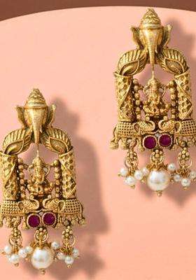 Gold-Plated Stones Studded and Beaded Geometric Shaped Temple Drop Earrings for Women | Traditional Temple Jewellery for Wedding & Festive Wear | Gift for Her