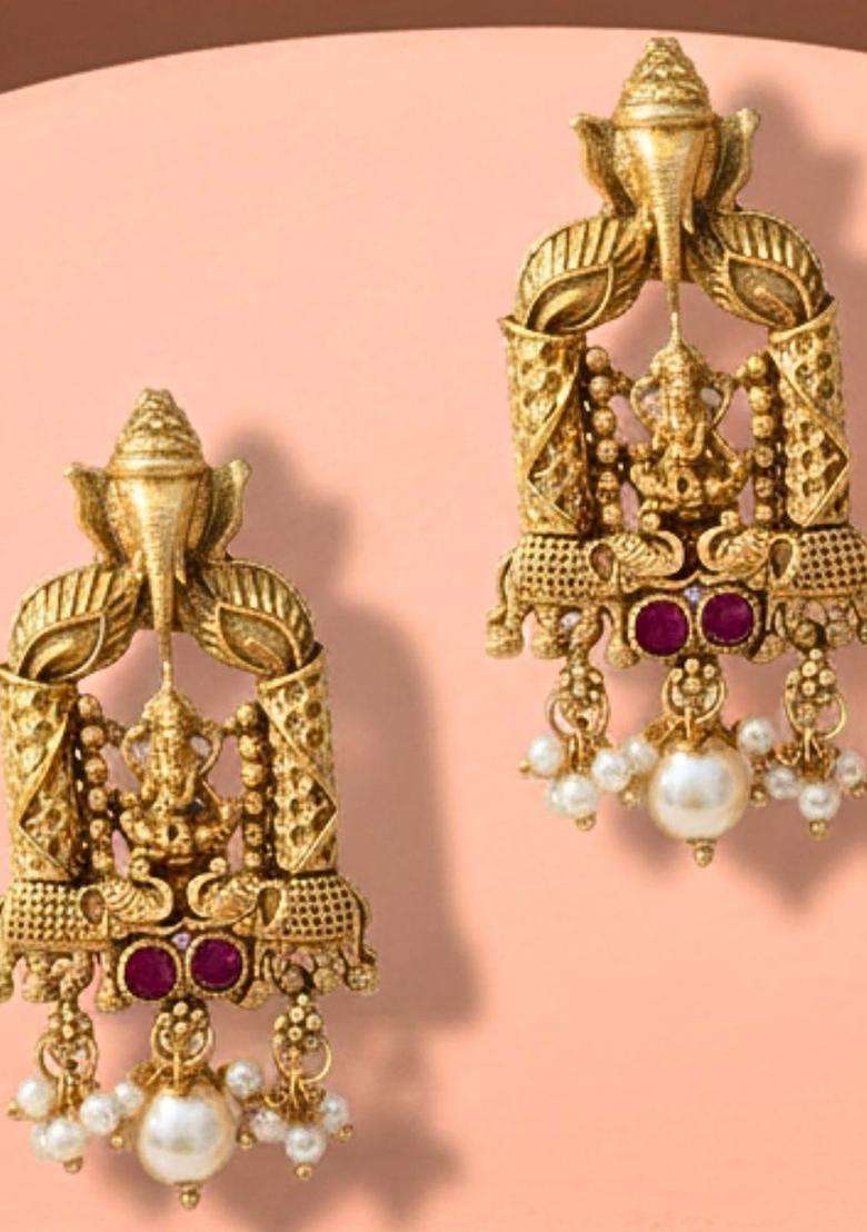Gold-Plated Stones Studded and Beaded Geometric Shaped Temple Drop Earrings for Women | Traditional Temple Jewellery for Wedding & Festive Wear | Gift for Her - Indya