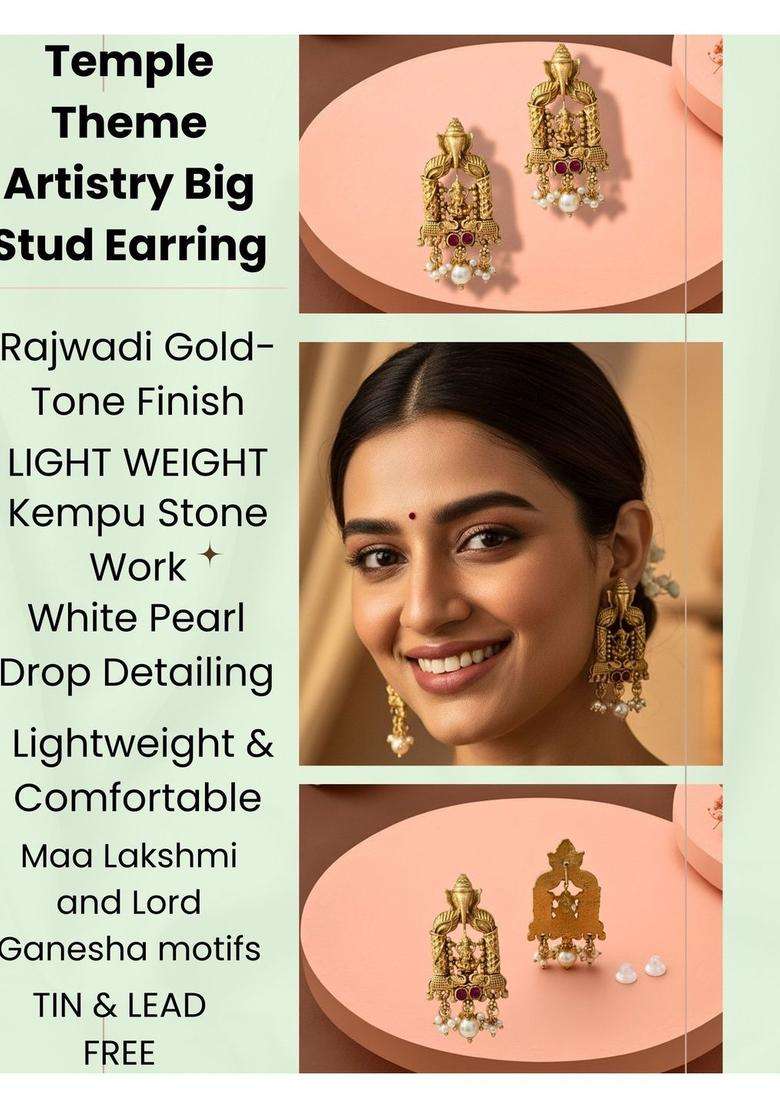 Gold-Plated Stones Studded and Beaded Geometric Shaped Temple Drop Earrings for Women | Traditional Temple Jewellery for Wedding & Festive Wear | Gift for Her - Indya