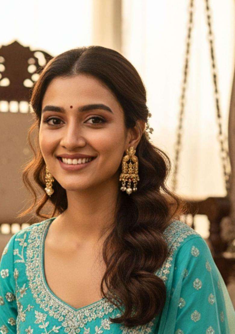 Gold-Plated Stones Studded and Beaded Geometric Shaped Temple Drop Earrings for Women | Traditional Temple Jewellery for Wedding & Festive Wear | Gift for Her - Indya