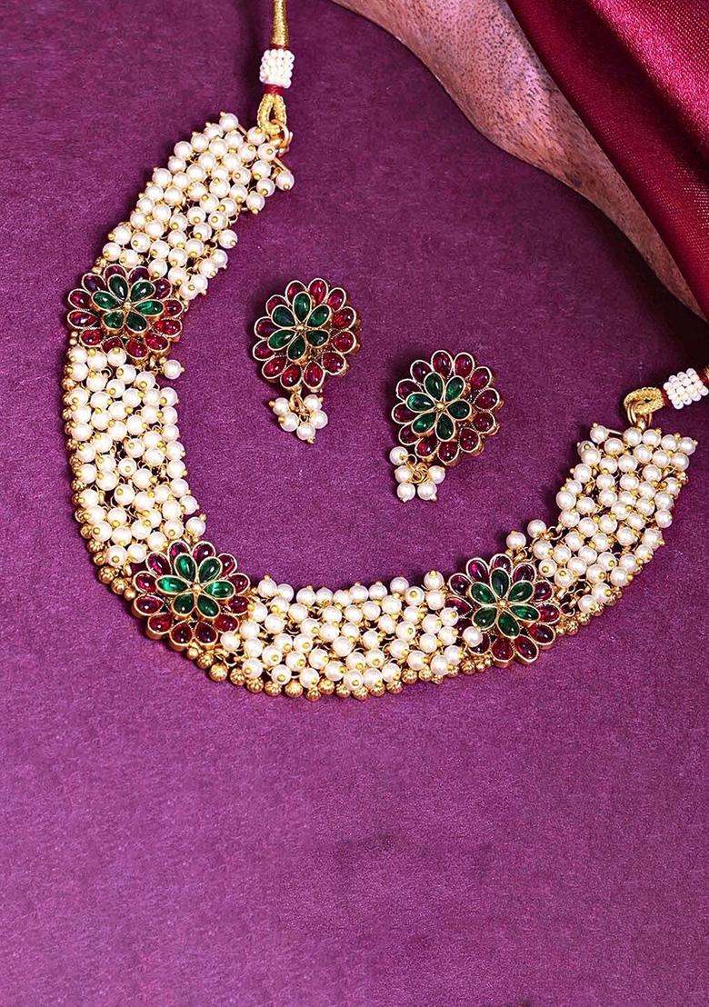 Gold-Plated Kundan-Studded & Beaded Jewellery Set with Pearl for Women | Traditional Temple Jewellery for Wedding & Festive Wear | Gift for Her - Indya