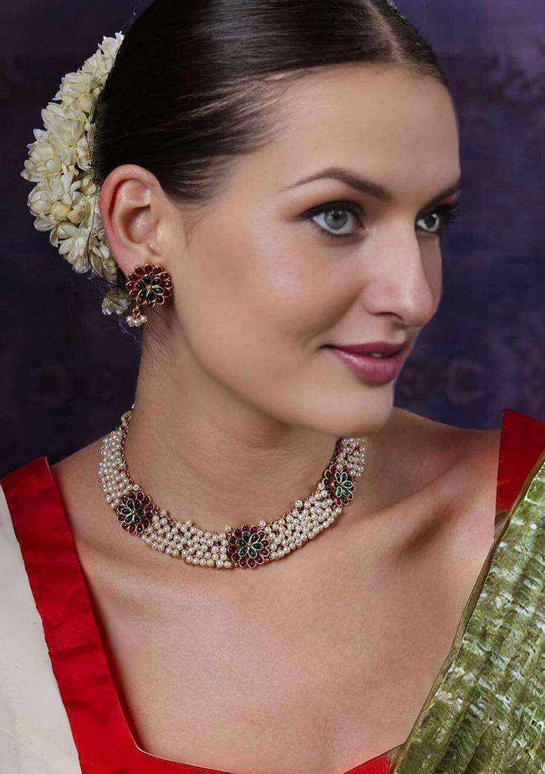 Gold-Plated Kundan-Studded & Beaded Jewellery Set with Pearl for Women | Traditional Temple Jewellery for Wedding & Festive Wear | Gift for Her - Indya