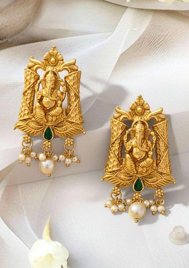 Gold-Plated Stones Studded and Beaded Geometric Shaped Temple Drop Earrings for Women | Traditional Temple Jewellery for Wedding & Festive Wear | Gift for Her - Indya