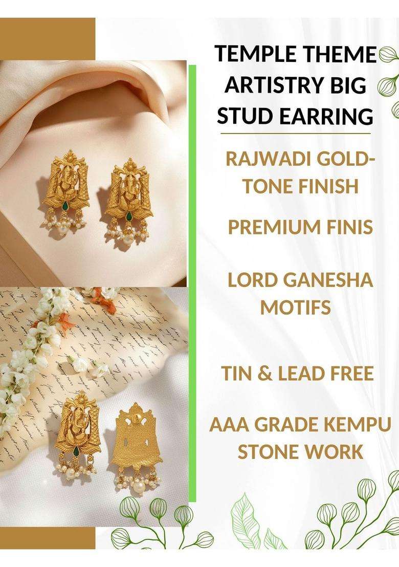 Gold-Plated Stones Studded and Beaded Geometric Shaped Temple Drop Earrings for Women | Traditional Temple Jewellery for Wedding & Festive Wear | Gift for Her - Indya