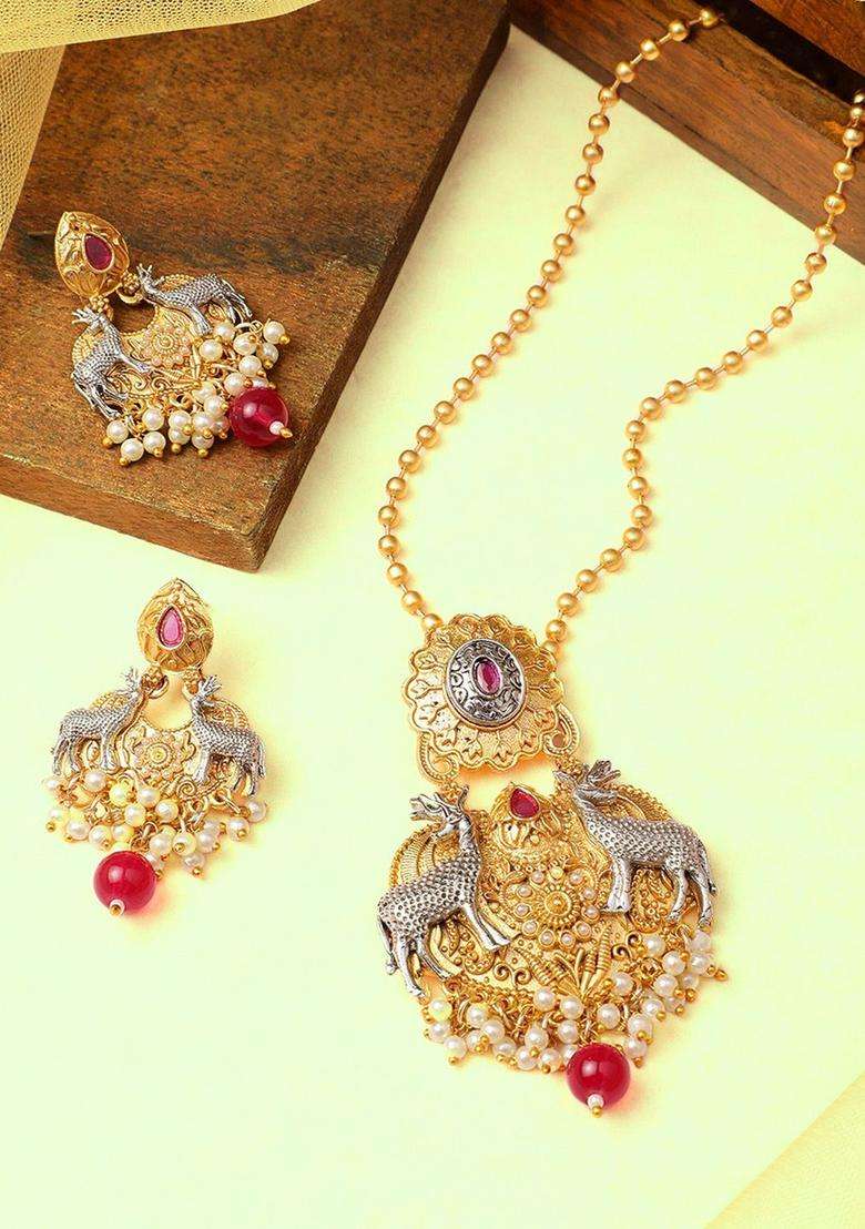 Gold-Plated Ruby Pearls Studded Deer Pendant Chain and Earrings Jewellery Set for Women | Traditional Temple Jewellery for Wedding & Festive Wear | Gift for Her - Indya