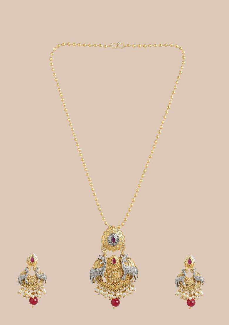 Gold-Plated Ruby Pearls Studded Deer Pendant Chain and Earrings Jewellery Set for Women | Traditional Temple Jewellery for Wedding & Festive Wear | Gift for Her - Indya