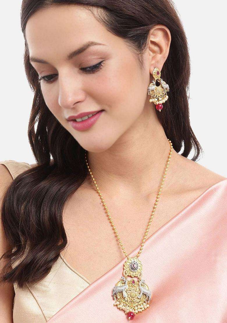 Gold-Plated Ruby Pearls Studded Deer Pendant Chain and Earrings Jewellery Set for Women | Traditional Temple Jewellery for Wedding & Festive Wear | Gift for Her - Indya