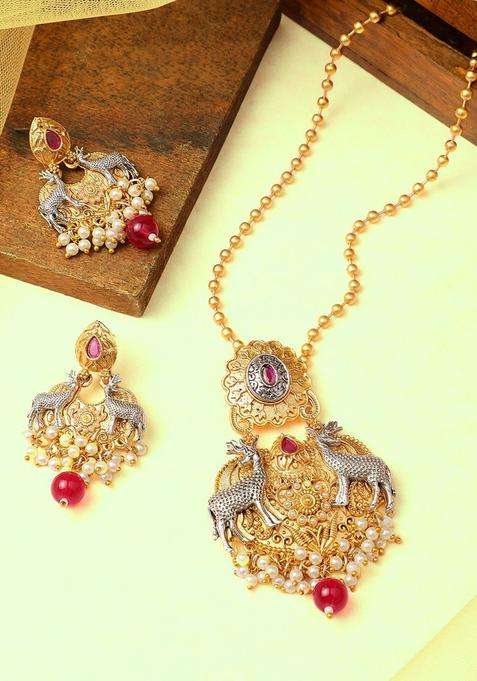 Gold-Plated Ruby Pearls Studded Deer Pendant Chain and Earrings Jewellery Set for Women | Traditional Temple Jewellery for Wedding & Festive Wear | Gift for Her