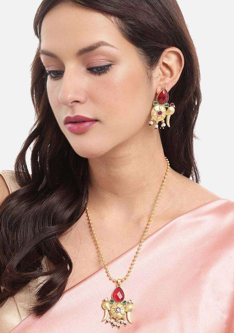 Gold-Plated Kundan-Studded & Beaded Jewellery Set for Women | Traditional Temple Jewellery for Wedding & Festive Wear | Gift for Her - Indya