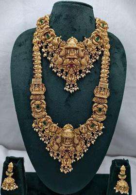 Set of 2 Gold-Plated Stone-Studded Necklace with Earrings for Women | Traditional Temple Jewellery for Wedding & Festive Wear | Gift for Her