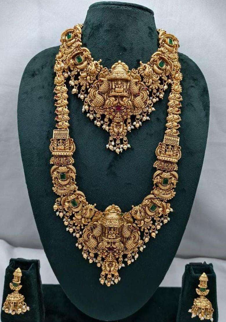 Set of 2 Gold-Plated Stone-Studded Necklace with Earrings for Women | Traditional Temple Jewellery for Wedding & Festive Wear | Gift for Her - Indya