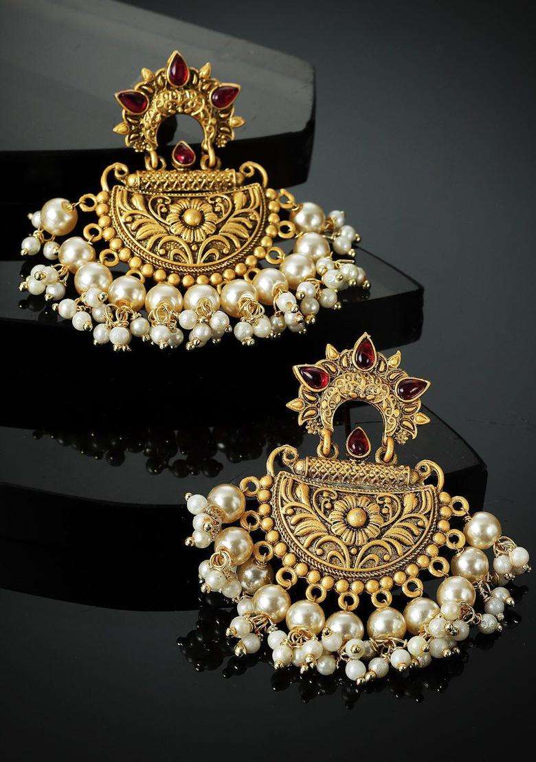 Gold-Plated Classic Pearl Studded Chandbalis for Women | Traditional Temple Jewellery for Wedding & Festive Wear | Gift for Her - Indya