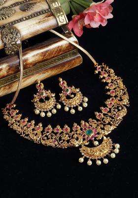 Gold-Plated Stone-Studded & Artificial Beaded Temple Choker Jewellery Set for Women | Traditional Temple Jewellery for Wedding & Festive Wear | Gift for Her