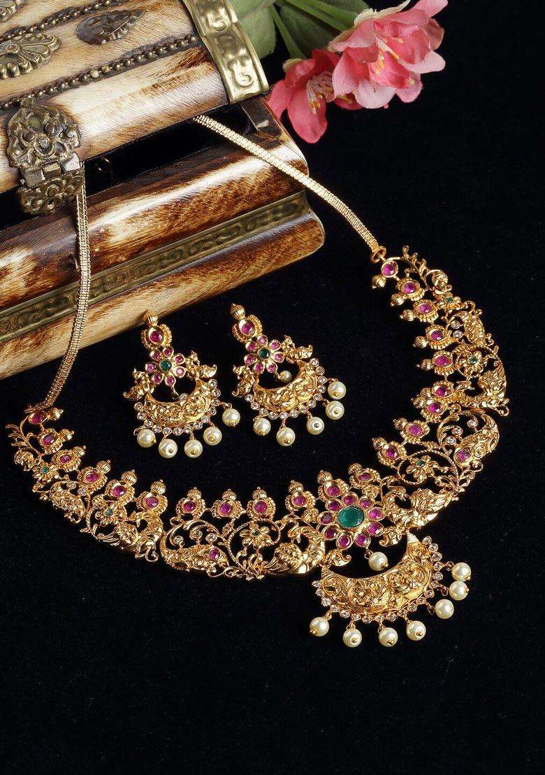 Gold-Plated Stone-Studded & Artificial Beaded Temple Choker Jewellery Set for Women | Traditional Temple Jewellery for Wedding & Festive Wear | Gift for Her - Indya