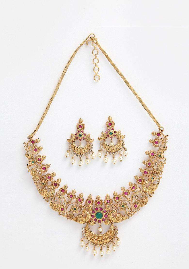 Gold-Plated Stone-Studded & Artificial Beaded Temple Choker Jewellery Set for Women | Traditional Temple Jewellery for Wedding & Festive Wear | Gift for Her - Indya