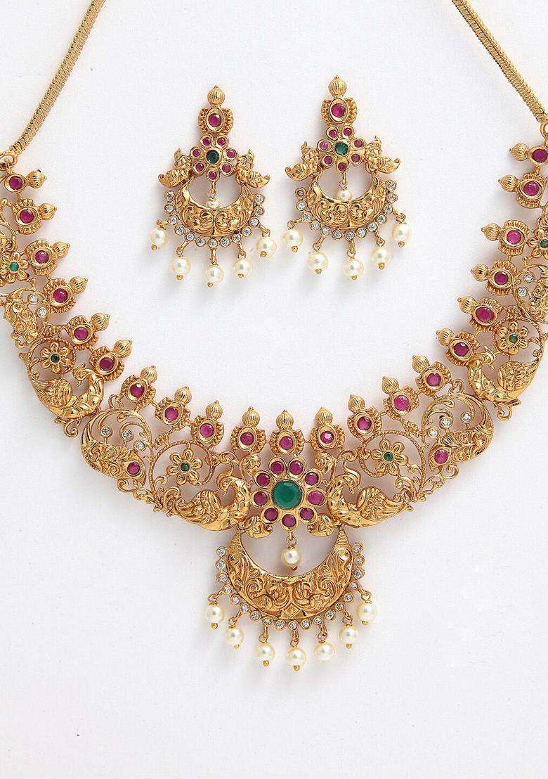 Gold-Plated Stone-Studded & Artificial Beaded Temple Choker Jewellery Set for Women | Traditional Temple Jewellery for Wedding & Festive Wear | Gift for Her - Indya