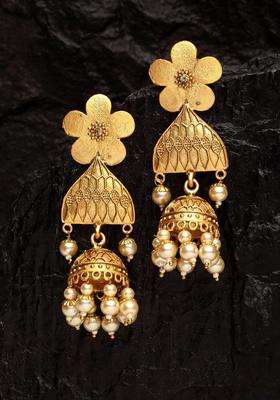 Gold-Plated Floral Jhumkas Earrings with Pearl for Women | Traditional Temple Jewellery for Wedding & Festive Wear | Gift for Her