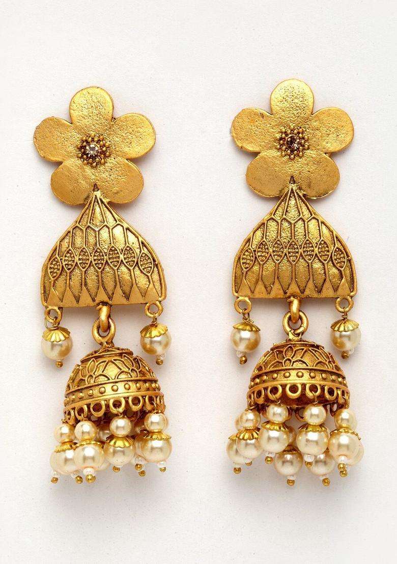 Gold-Plated Floral Jhumkas Earrings with Pearl for Women | Traditional Temple Jewellery for Wedding & Festive Wear | Gift for Her - Indya