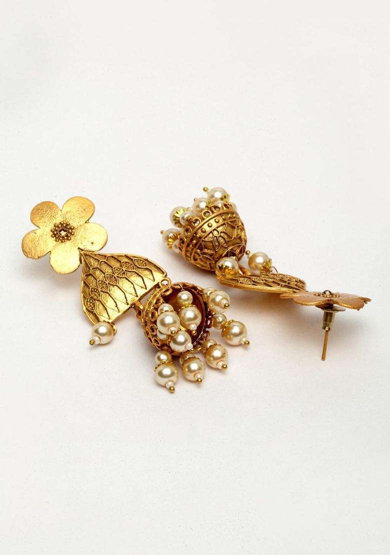 Gold-Plated Floral Jhumkas Earrings with Pearl for Women | Traditional Temple Jewellery for Wedding & Festive Wear | Gift for Her - Indya