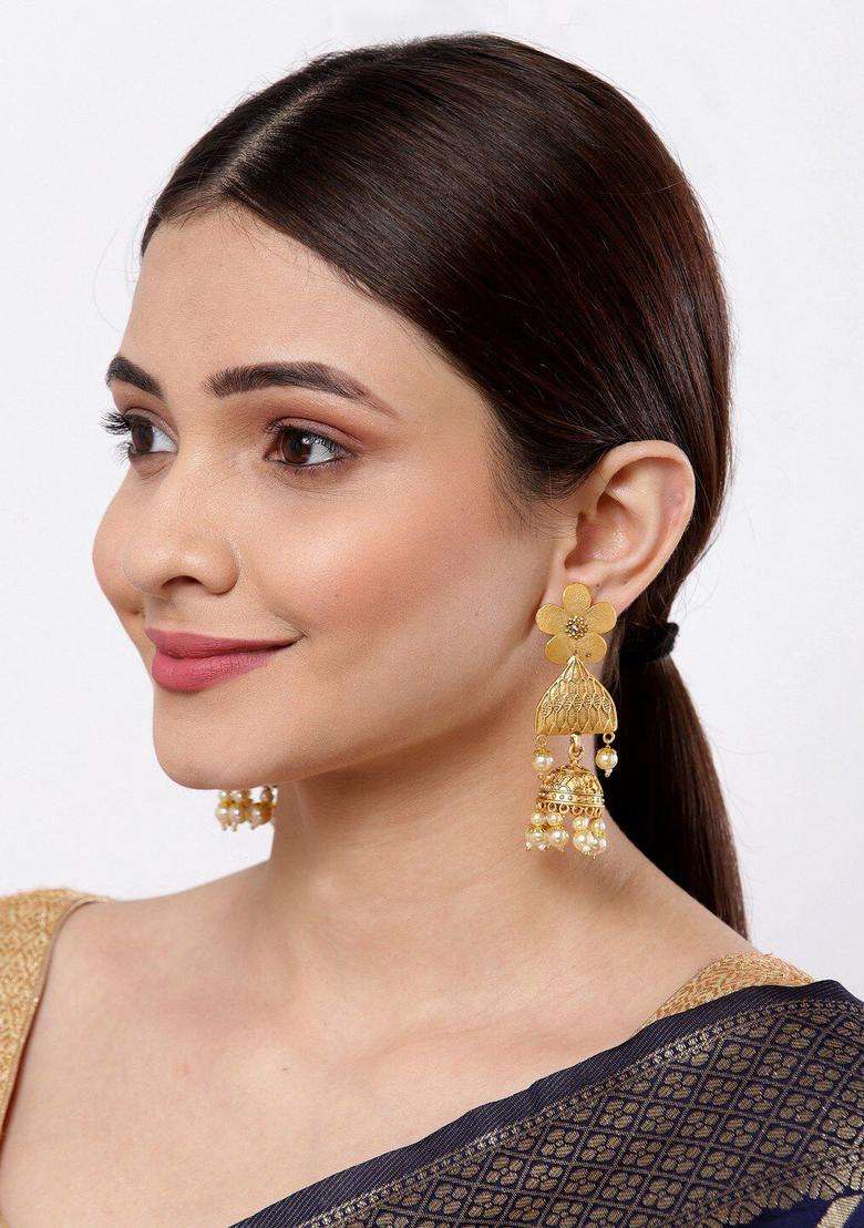 Gold-Plated Floral Jhumkas Earrings with Pearl for Women | Traditional Temple Jewellery for Wedding & Festive Wear | Gift for Her - Indya