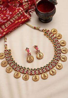 Gold-Plated & Red Ruby Stone Choker Temple Jewellery Set for Women | Traditional Temple Jewellery for Wedding & Festive Wear | Gift for Her