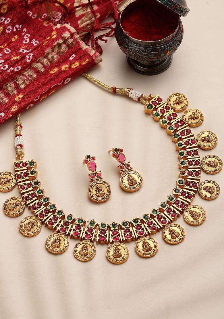 Gold-Plated & Red Ruby Stone Choker Temple Jewellery Set for Women | Traditional Temple Jewellery for Wedding & Festive Wear | Gift for Her - Indya