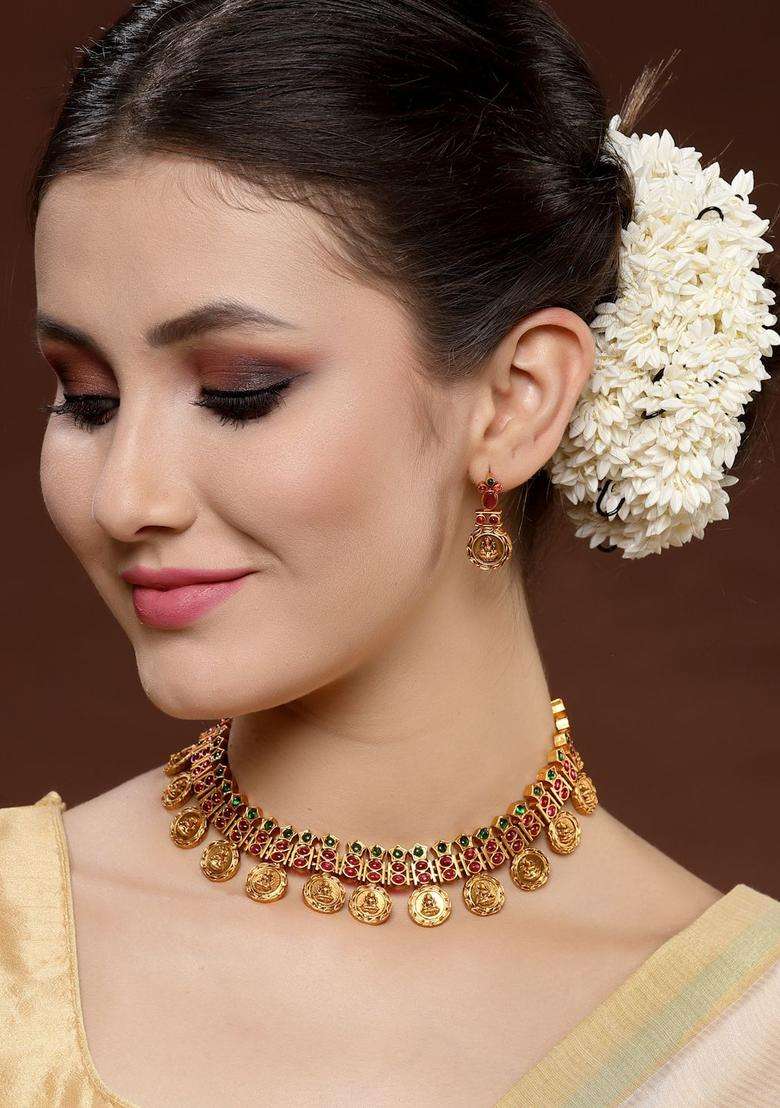Gold-Plated & Red Ruby Stone Choker Temple Jewellery Set for Women | Traditional Temple Jewellery for Wedding & Festive Wear | Gift for Her - Indya