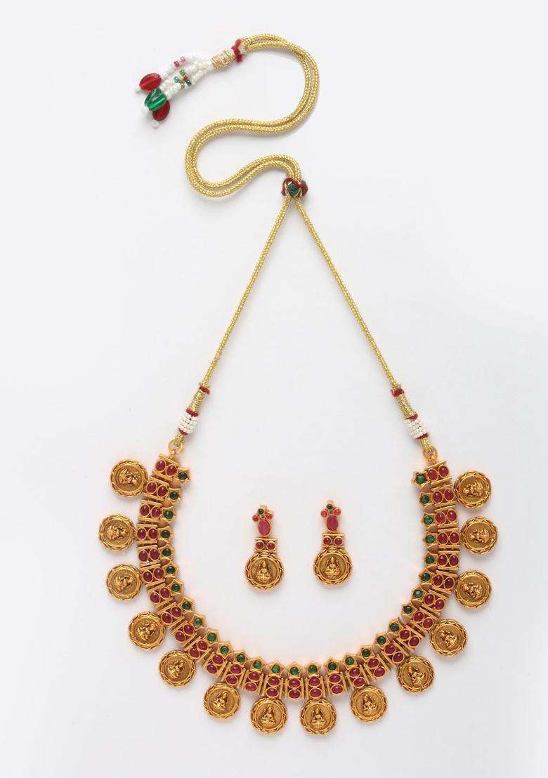 Gold-Plated & Red Ruby Stone Choker Temple Jewellery Set for Women | Traditional Temple Jewellery for Wedding & Festive Wear | Gift for Her - Indya