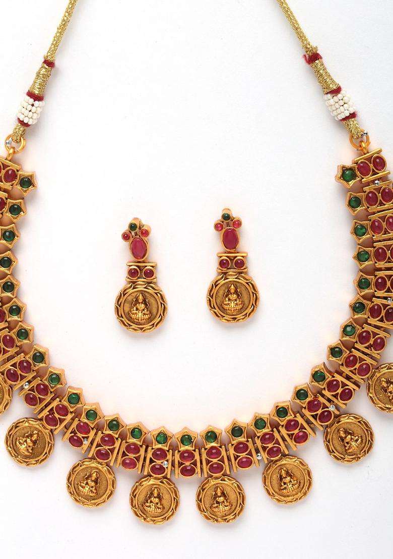 Gold-Plated & Red Ruby Stone Choker Temple Jewellery Set for Women | Traditional Temple Jewellery for Wedding & Festive Wear | Gift for Her - Indya