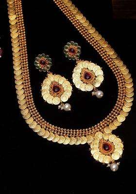 Gold-Plated Pink & Green Artificial Stone Studded Handcrafted Temple Jewellery Set for Women | Traditional Temple Jewellery for Wedding & Festive Wear | Gift for Her