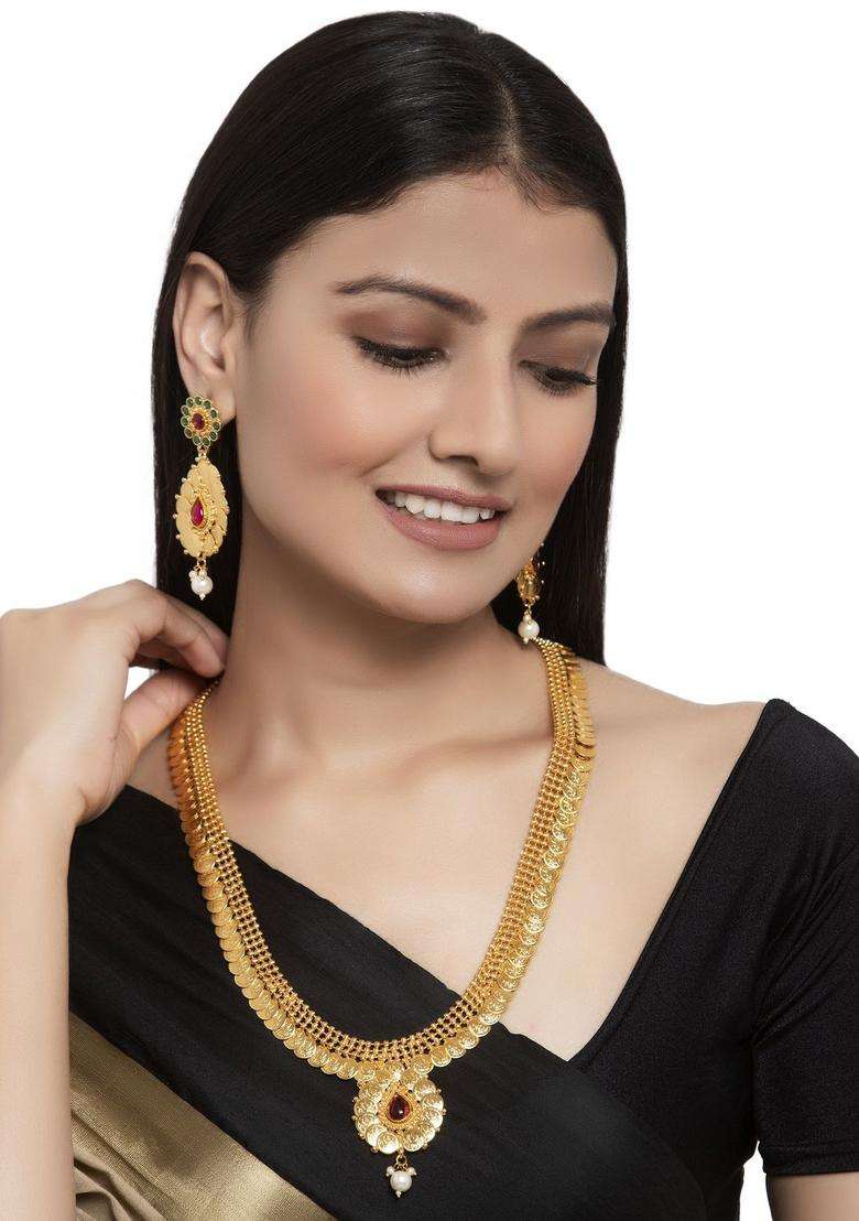 Gold-Plated Pink & Green Artificial Stone Studded Handcrafted Temple Jewellery Set for Women | Traditional Temple Jewellery for Wedding & Festive Wear | Gift for Her - Indya