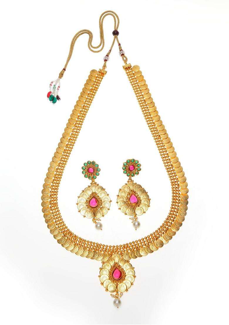 Gold-Plated Pink & Green Artificial Stone Studded Handcrafted Temple Jewellery Set for Women | Traditional Temple Jewellery for Wedding & Festive Wear | Gift for Her - Indya