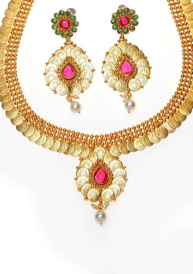 Gold-Plated Pink & Green Artificial Stone Studded Handcrafted Temple Jewellery Set for Women | Traditional Temple Jewellery for Wedding & Festive Wear | Gift for Her - Indya