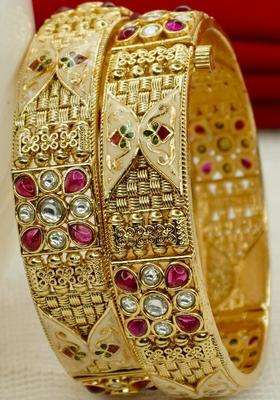 Set of 2 Gold-Plated Copper Zircon Temple Bangles for Women | Traditional Temple Jewellery for Wedding & Festive Wear | Gift for Her