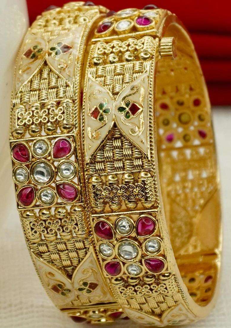 Set of 2 Gold-Plated Copper Zircon Temple Bangles for Women | Traditional Temple Jewellery for Wedding & Festive Wear | Gift for Her - Indya