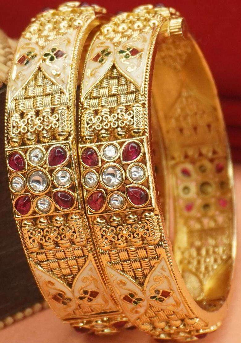 Set of 2 Gold-Plated Copper Zircon Temple Bangles for Women | Traditional Temple Jewellery for Wedding & Festive Wear | Gift for Her - Indya