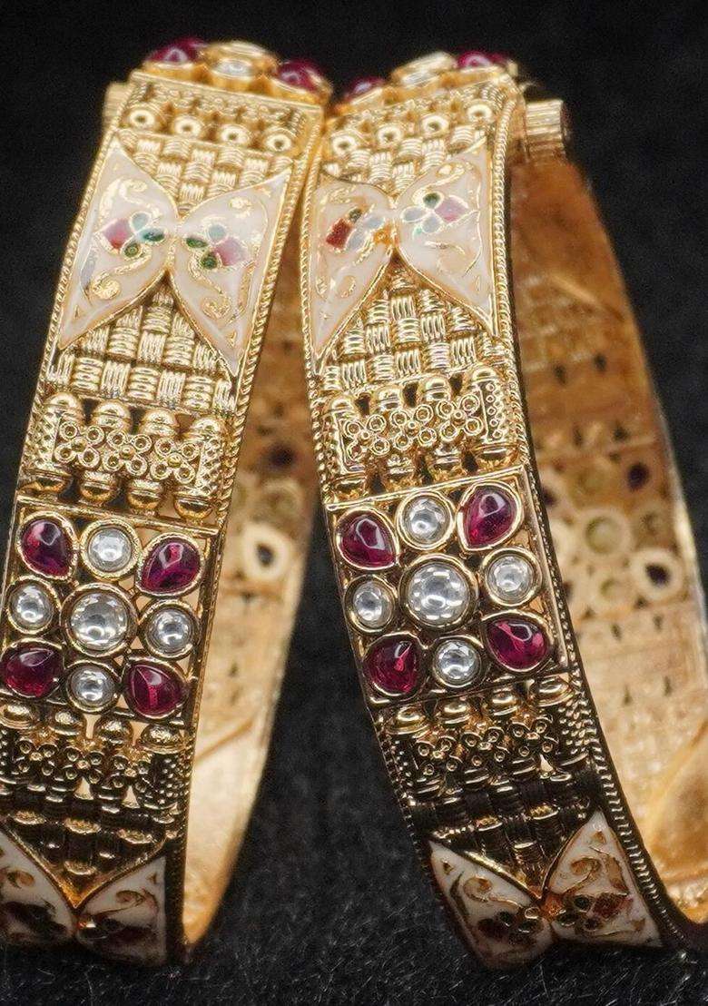 Set of 2 Gold-Plated Copper Zircon Temple Bangles for Women | Traditional Temple Jewellery for Wedding & Festive Wear | Gift for Her - Indya