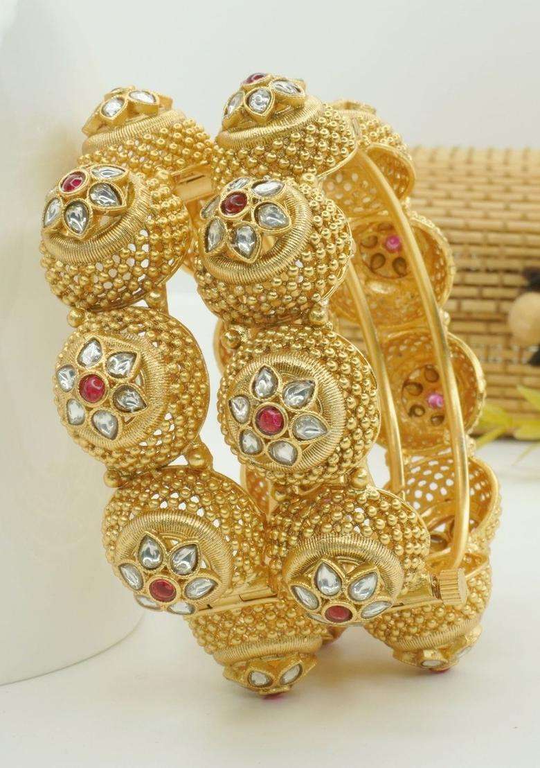 Set of 2 Rhodium-Plated Kundan Bangles for Women | Traditional Temple Jewellery for Wedding & Festive Wear | Gift for Her - Indya