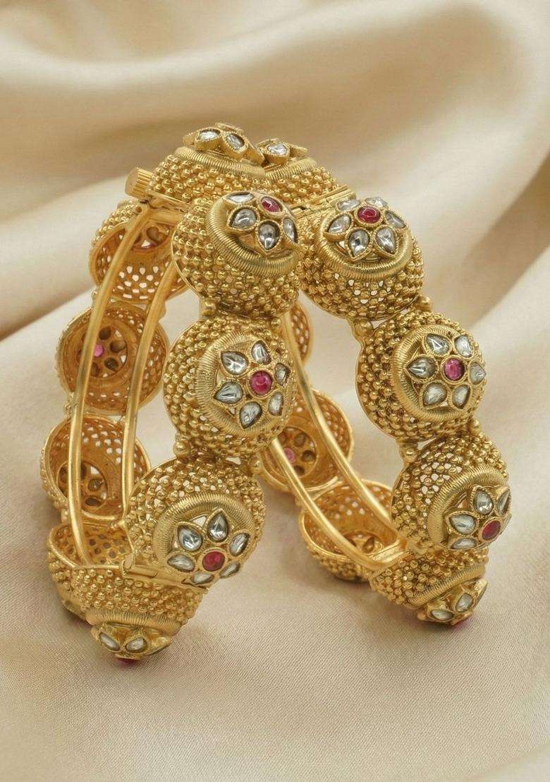 Set of 2 Rhodium-Plated Kundan Bangles for Women | Traditional Temple Jewellery for Wedding & Festive Wear | Gift for Her - Indya