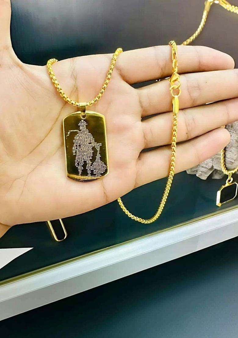 Stainless Steel Gold-Plated Geometric Shaped Temple Pendant with Chain for Men & Women | Traditional Temple Jewellery for Wedding & Festive Wear | Festive Gift - Indya