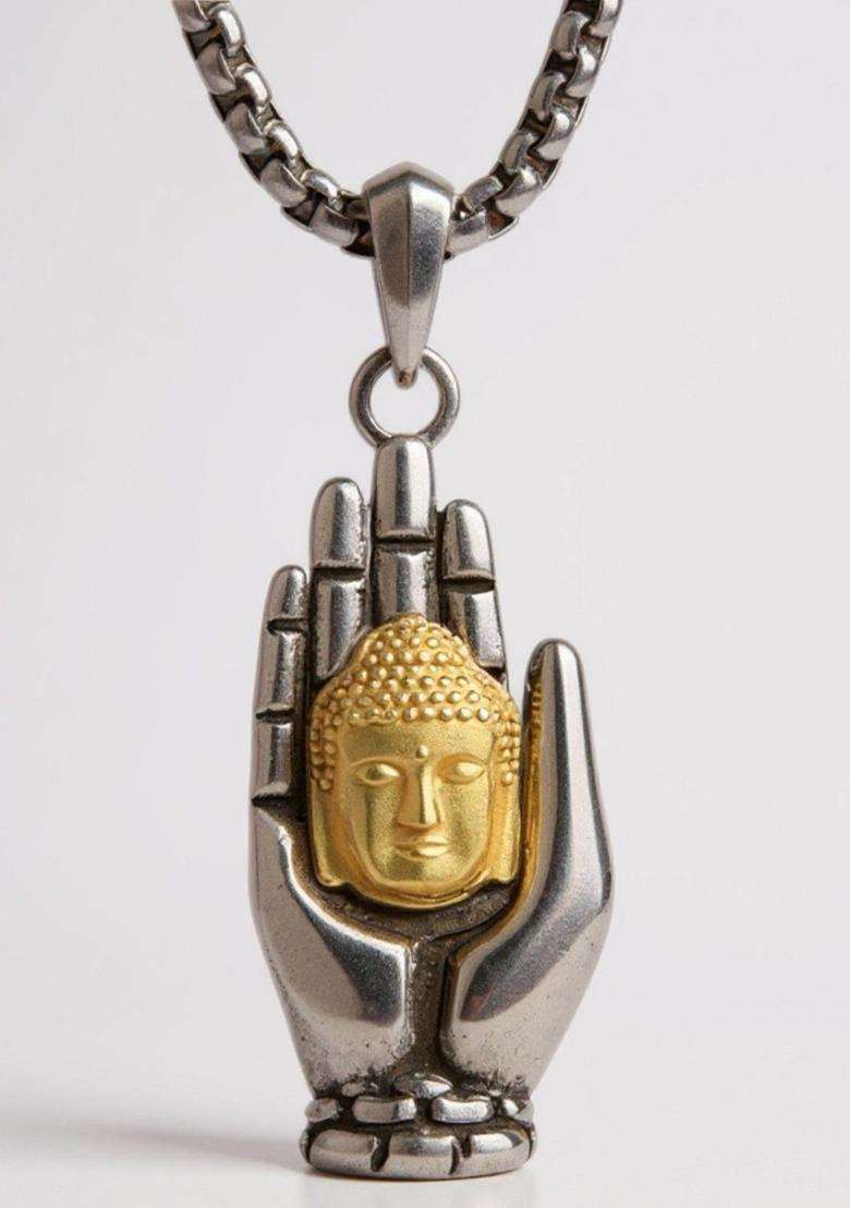Stainless Steel Gold-Plated Quirky Shaped Temple Pendant with Chain for Men & Women | Traditional Temple Jewellery for Wedding & Festive Wear | Festive Gift - Indya