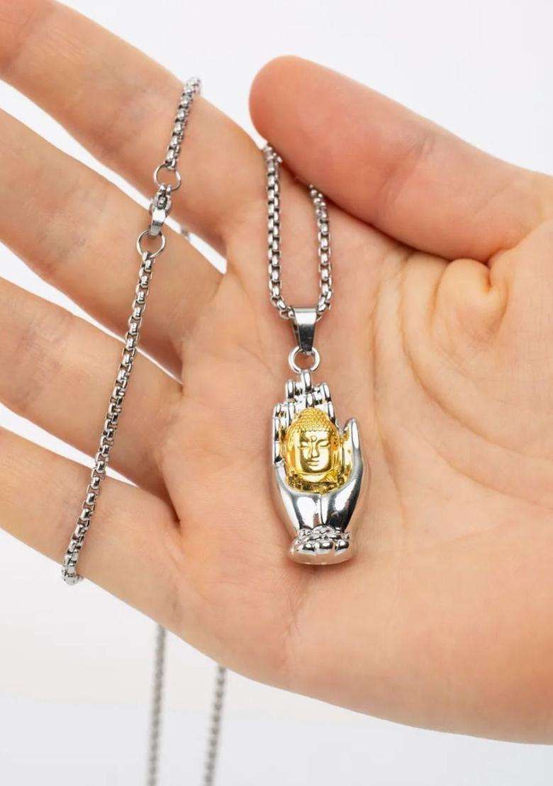 Stainless Steel Gold-Plated Quirky Shaped Temple Pendant with Chain for Men & Women | Traditional Temple Jewellery for Wedding & Festive Wear | Festive Gift - Indya