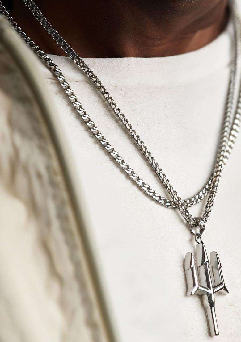 Stainless Steel Silver-Plated Quirky Shaped Temple Pendant with Chain for Men & Women | Traditional Temple Jewellery for Wedding & Festive Wear | Festive Gift - Indya